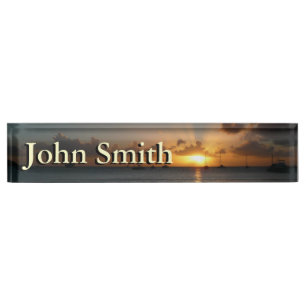 Porte-nom Pour Bureau Coucher de soleil avec voiliers Paysage tropical P