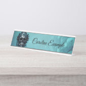 Porte-nom Pour Bureau Crâne bleu foncé avec roses. (Devant)