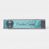 Porte-nom Pour Bureau Crâne bleu foncé avec roses. (Devant)