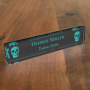 Porte-nom Pour Bureau Crâne gothique noir foncé Turquoise Macabre Tattoo