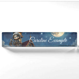 Porte-nom Pour Bureau Crâne Mignon Motard Balade au Clair de Lune dans