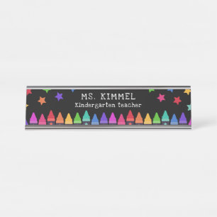 Porte-nom Pour Bureau Crayons et étoiles de couleur noire Nom de l'ensei