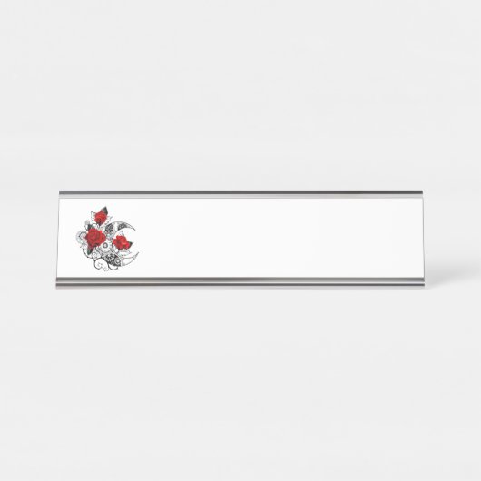 Porte-nom Pour Bureau Croissant mécanique avec roses rouges (Devant)