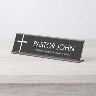 Porte-nom Pour Bureau Croix blanche simple avec nom et citation sur noir