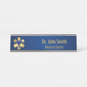 Porte-nom Pour Bureau Croix d'or bleue Médicale 3D Caduceus