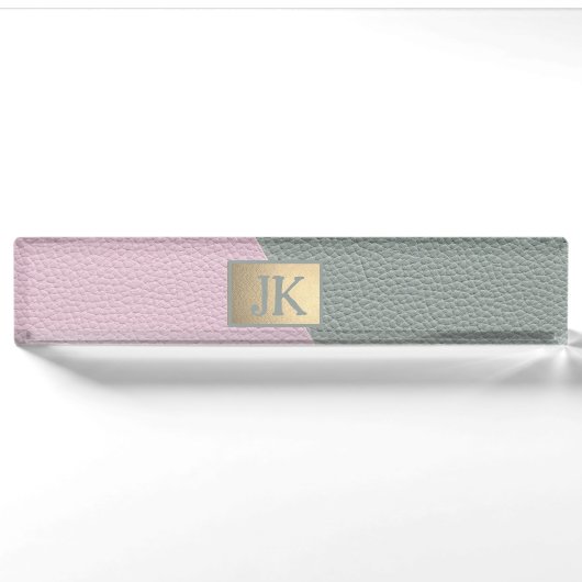 Porte-nom Pour Bureau Cuir Vert Rose Élégant Monogramme (Devant)