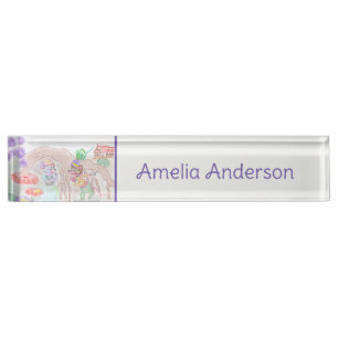 Porte-nom Pour Bureau Custom Kids Artwork, deux mignonnes souris, fleurs