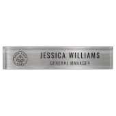 Porte-nom Pour Bureau Custom Logo Employee Name Luxe Faux Brushed Silver (Devant)