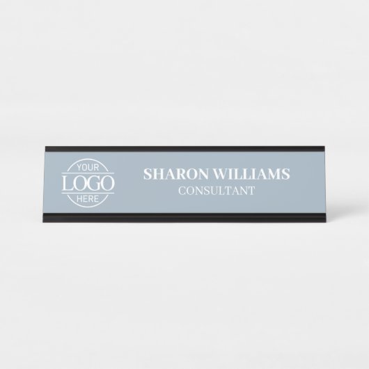Porte-nom Pour Bureau Custom Logo | Professional Dusty Blue Minimalist (Devant)