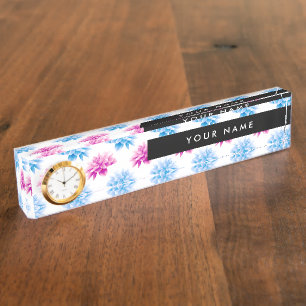 Porte-nom Pour Bureau Dahlia rose et bleu, motif floral, votre nom