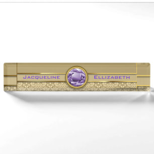 Porte-nom Pour Bureau Damassé brillante métallique d'or de pierre gemme