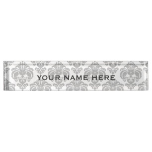 Porte-nom Pour Bureau Damassé Gris Argent Élégant Glam Personnalisé