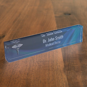 Porte-nom Pour Bureau Dark Holographic Chrome 3D Caduceus Médicale