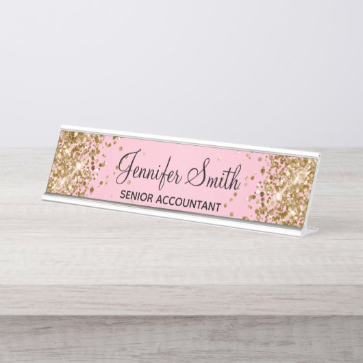 Porte-nom Pour Bureau Dégradé rose clair pailleté or (Devant)
