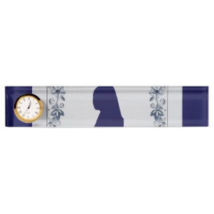 Porte-nom Pour Bureau Delft en tuile bleue fille avec une oreille perle