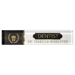 Porte-nom Pour Bureau Dentiste - noir, blanc et or