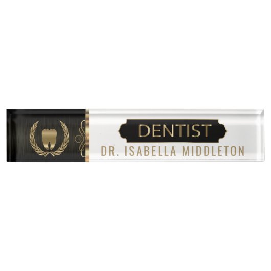 Porte-nom Pour Bureau Dentiste - Noir, Blanc et Or (Devant)
