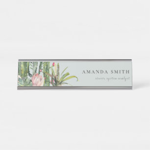 PORTE-NOM POUR BUREAU DÉSERT FLORAL DE ROSE GRIS CACTI FOLIER LA COULEU