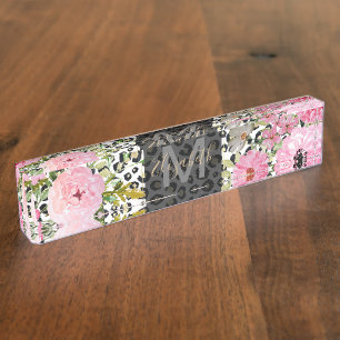 Porte-nom Pour Bureau Design empreinte de léopard et floral élégant