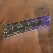 Porte-nom Pour Bureau Design en marbre bleu, noir et or (Taille)