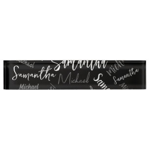 Porte-nom Pour Bureau Deux noms couple motif monogramme noir gris blanc