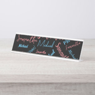 Porte-nom Pour Bureau Deux noms couples motif monogramme bleu rose clair