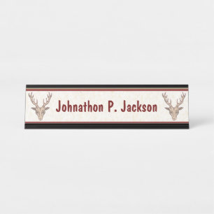 Porte-nom Pour Bureau Deux Têtes Chères Brown Antlers Bordures Rouges Bl