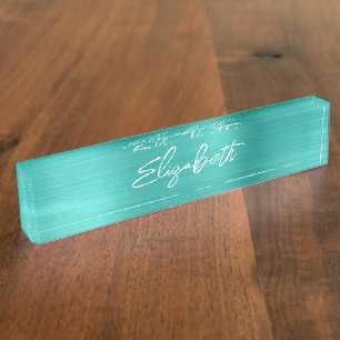 Porte-nom Pour Bureau Écriture Moderne au Pinceau en Feuille de Turquois