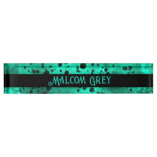 Porte-nom Pour Bureau Effet Retro Paint Splatter Vert & Noir (Devant)