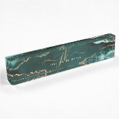 Porte-nom Pour Bureau Élégant Agate Turquoise Or Script Monogramme Nom
