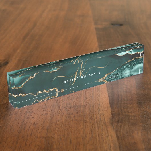 Porte-nom Pour Bureau Élégant Agate Turquoise Or Script Monogramme Nom (Taille)