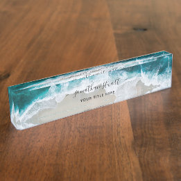 Porte-nom Pour Bureau Elégant Aqua Blue Green Beach Script