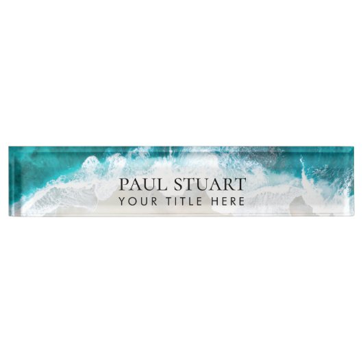 Porte-nom Pour Bureau Elégant Aqua Blue Green Beach Script (Devant)