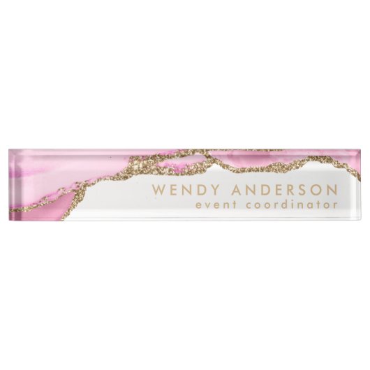 Porte-nom Pour Bureau Elégant aquarelle rose or Parties scintillant Agat (Devant)