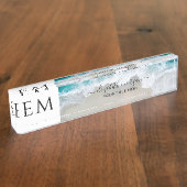 Porte-nom Pour Bureau Élégant Beach bleu vert Script Monogramme (Taille)