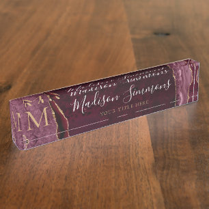 Porte-nom Pour Bureau Élégant Bourgogne Rouge Or Géode Monogramme