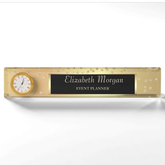 Porte-nom Pour Bureau Élégant Diamants Or Stylés (Devant)