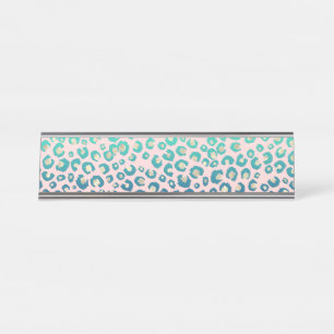 Porte-nom Pour Bureau Élégant empreinte de léopard d'or Blue Mint Gra