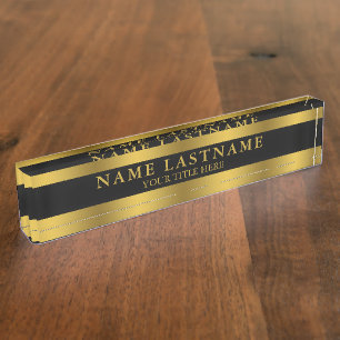 Porte-nom Pour Bureau Élégant Faux Gold Classic Nom Titre Noir