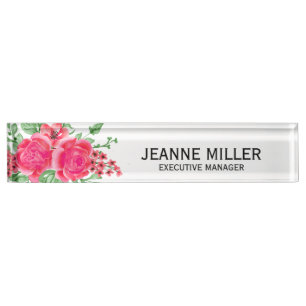 Porte-nom Pour Bureau Elégant Fuchsia Rose Rose Flowers Manager Blanc