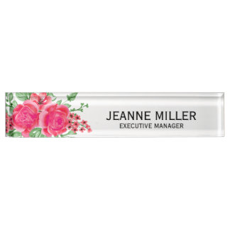 Porte-nom Pour Bureau Elégant Fuchsia Rose Rose Flowers Manager Blanc