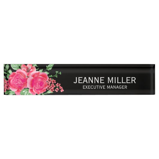 Porte-nom Pour Bureau Elégant Fuchsia Rose Rose Flowers Manager Noir (Devant)
