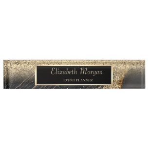 Porte-nom Pour Bureau Elegant Glitter Doré Bokeh Marbre Noir, Cadre