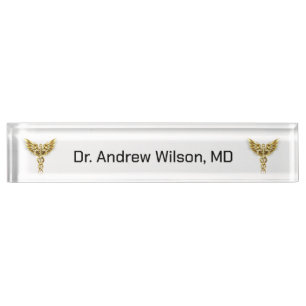 Porte-nom Pour Bureau Elégant Gold Caduceus Docteur Médicale