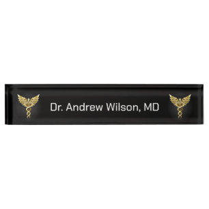Porte-nom Pour Bureau Elégant Gold Caduceus Docteur Médicale