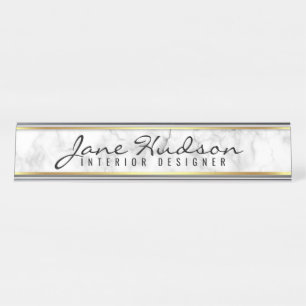 Porte-nom Pour Bureau Élégant Gold Script Flower Modern Bureau Nom Plaqu