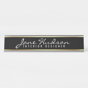 Porte-nom Pour Bureau Élégant Gold Script Flower Modern Bureau Nom Plaqu