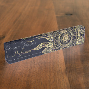 Porte-nom Pour Bureau Elégant Gold Sun Mandala Blue Nebula Design