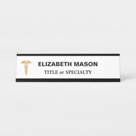 Porte-nom Pour Bureau Elégant Golden Caduceus sur blanc (Devant)