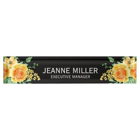 Porte-nom Pour Bureau Elégant Jaune Orange Rose Flowers Manager Noir (Devant)